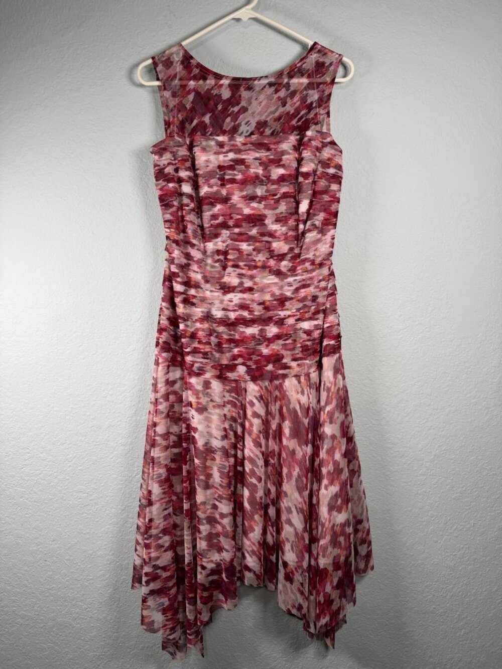 London Times Abstract Hanky Hem Ruched Midi Dress Size 14W Pink Red Mesh Party